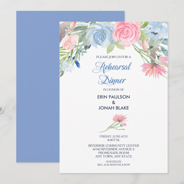 Watercolor Blue Pink Floral Rehearsal Dinner Invitation (Front/Back)