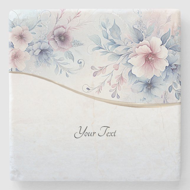 Watercolor Blue Pink Floral Stone Coaster (Front)