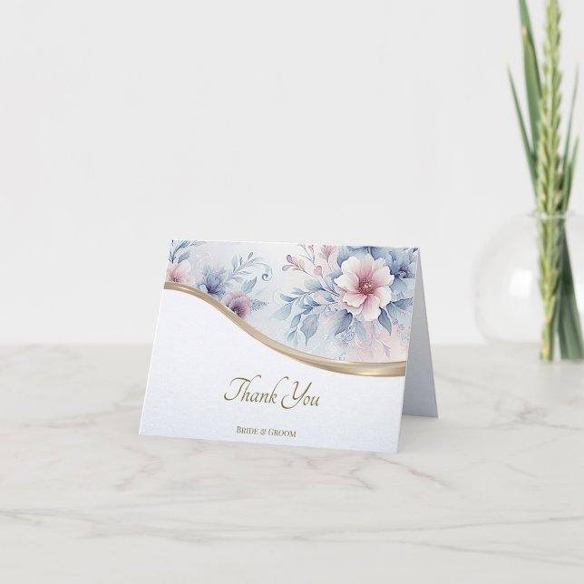 Watercolor Blue Pink Floral Thank You Card (Front)