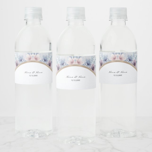 Watercolor Blue Pink Floral Water Bottle Label (Bottles)