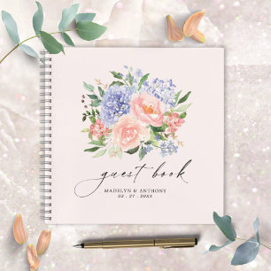 Watercolor Blue Pink Floral Wedding Guestbook Notebook