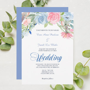 Watercolor Blue Pink Floral Wedding Invitation