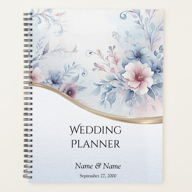 Watercolor Blue Pink Floral Wedding Planner (Front)