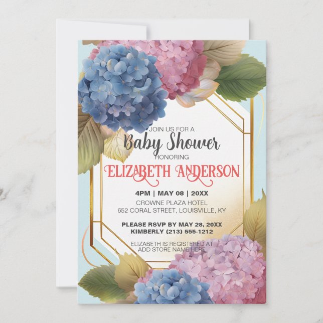 Watercolor Blue Pink Hydrangea Baby Shower Custom Invitation (Front)