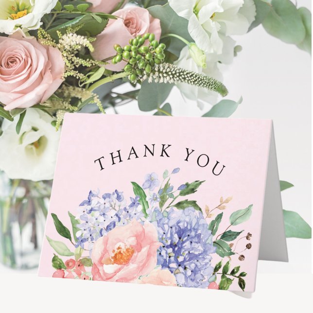 Watercolor Blue Pink Hydrangea Floral Thank You Card (In situ)