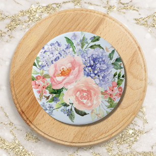 Watercolor Blue Pink Hydrangea Peony Spring Floral 7.5 Cm Round Badge