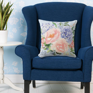 Watercolor Blue Pink Hydrangea Peony Spring Floral Cushion