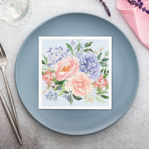 Watercolor Blue Pink Hydrangea Peony Spring Floral Napkin