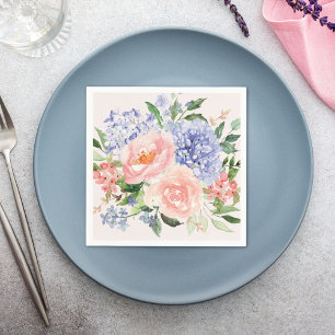 Watercolor Blue Pink Hydrangea Peony Spring Floral Napkin