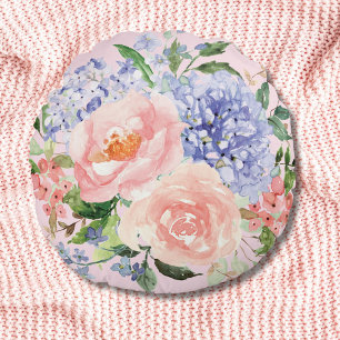 Watercolor Blue Pink Hydrangea Peony Spring Floral Round Cushion