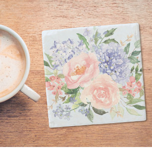 Watercolor Blue Pink Hydrangea Peony Spring Floral Stone Coaster