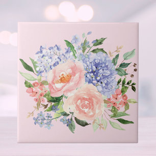 Watercolor Blue Pink Hydrangea Peony Spring Floral Tile
