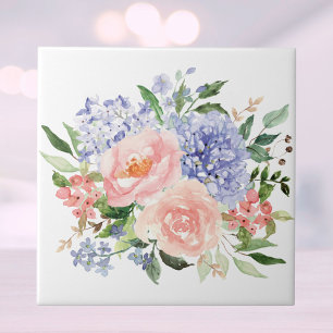 Watercolor Blue Pink Hydrangea Peony Spring Floral Tile
