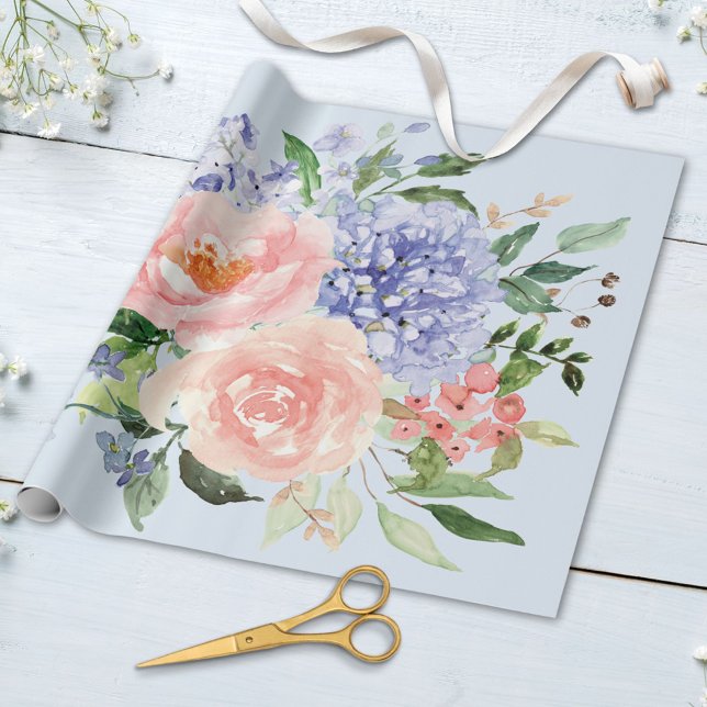Watercolor Blue Pink Hydrangea Peony Spring Floral Wrapping Paper (Close up)