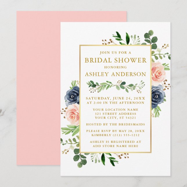 Watercolor Blue Pink Roses Bridal Shower Gold Invitation (Front/Back)