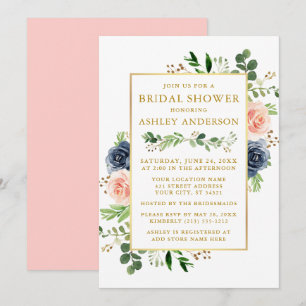 Watercolor Blue Pink Roses Bridal Shower Gold Invitation