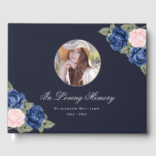 Watercolor Blue Pink Silver Photo Funeral Memorial Guest Book