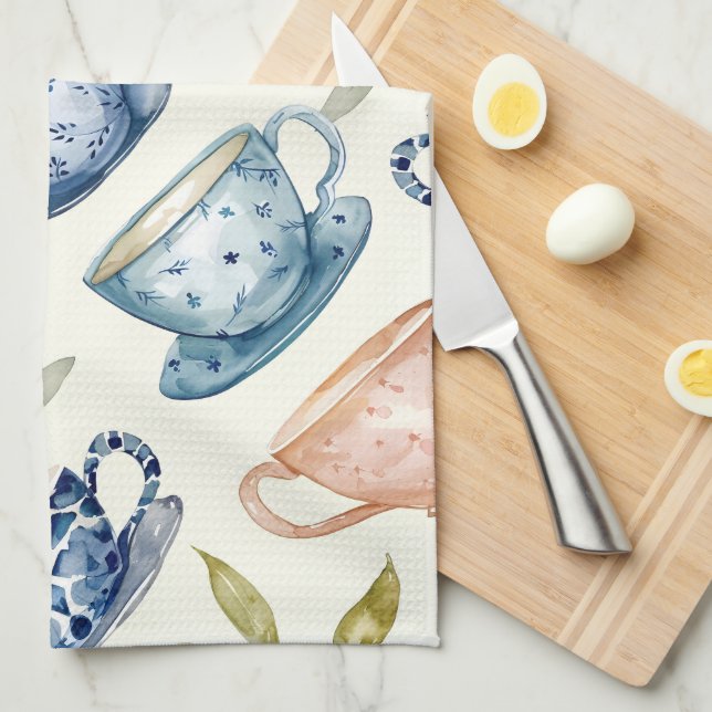 watercolor blue pink tea cups pattern towel (Quarter Fold)
