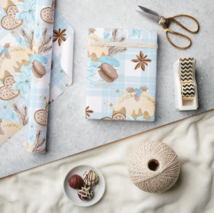 Watercolor Blue Plaid Christmas Cookies & Pudding Wrapping Paper