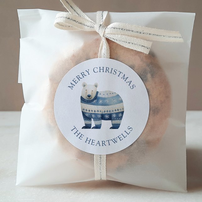 Watercolor Blue Polar Bear Merry Christmas Classic Round Sticker (Creator Uploaded)