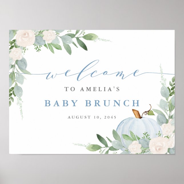 Watercolor Blue Pumpkin Fall Baby Brunch Welcome Poster (Front)