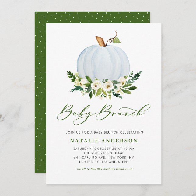 Watercolor Blue Pumpkin Fall Baby Shower Brunch Invitation (Front/Back)
