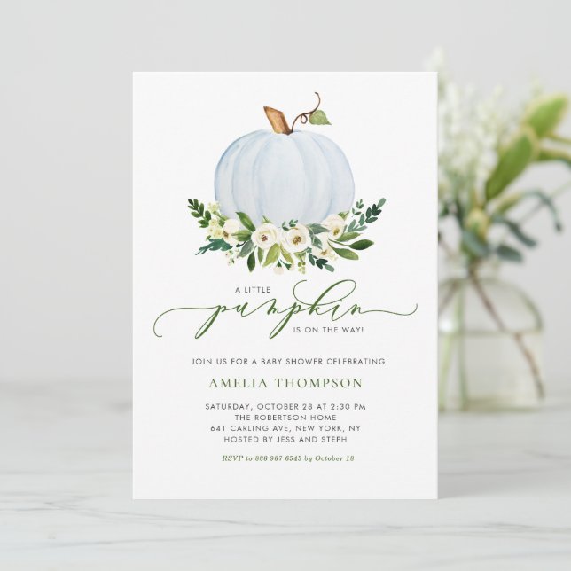 Watercolor Blue Pumpkin Floral Baby Shower Invitation (Standing Front)