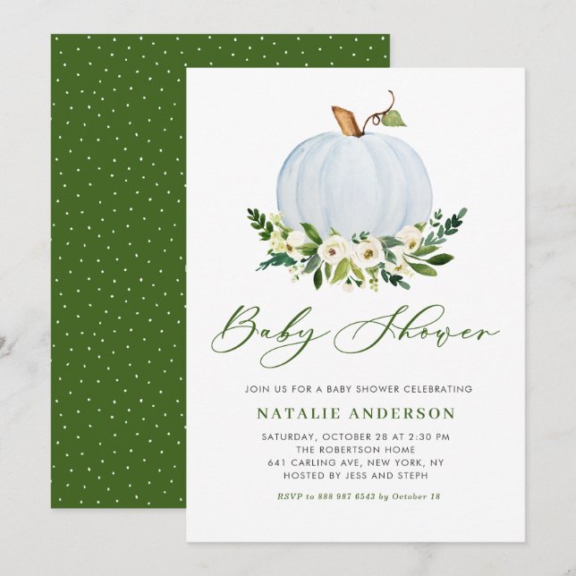 Watercolor Blue Pumpkin Floral Fall Baby Shower Invitation (Front/Back)