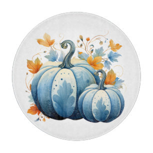 Watercolor Blue Pumpkins & Autumn Leaves Cutting Board