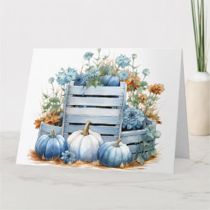 Watercolor Blue Pumpkins & Flowers Card