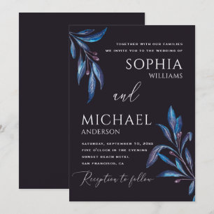 Watercolor blue purple floral botanical wedding invitation