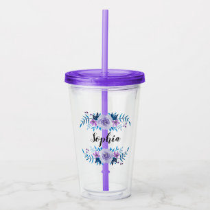 Watercolor Blue Purple Floral Wreath Custom Text Acrylic Tumbler