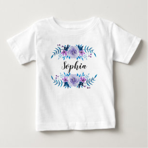 Watercolor Blue Purple Floral Wreath Custom Text Baby T-Shirt