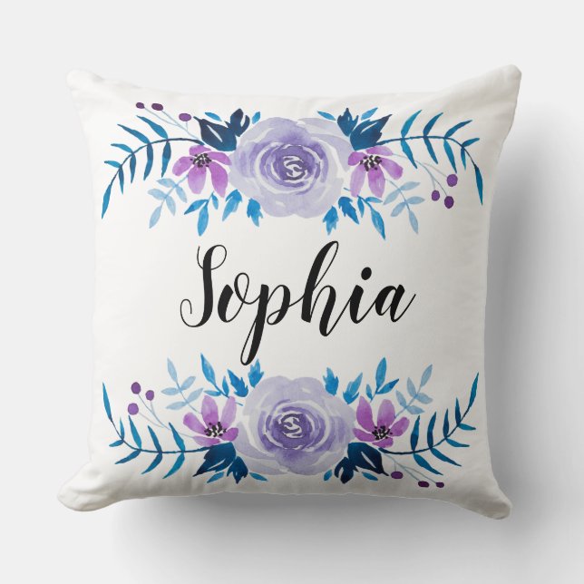 Watercolor Blue Purple Floral Wreath Custom Text Cushion (Front)