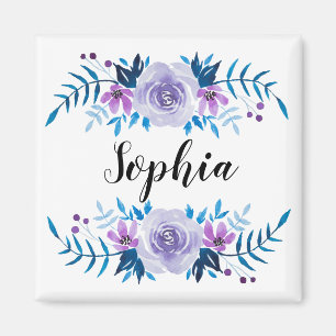 Watercolor Blue Purple Floral Wreath Custom Text Magnet