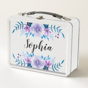 Watercolor Blue Purple Floral Wreath Custom Text Metal Lunch Box