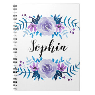 Watercolor Blue Purple Floral Wreath Custom Text Notebook