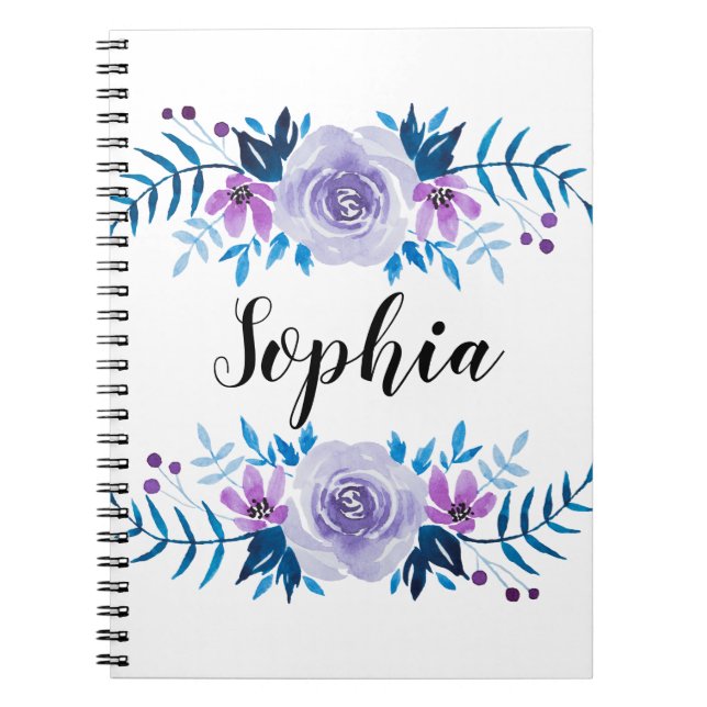 Watercolor Blue Purple Floral Wreath Custom Text Notebook (Front)