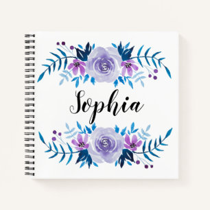 Watercolor Blue Purple Floral Wreath Custom Text Notebook