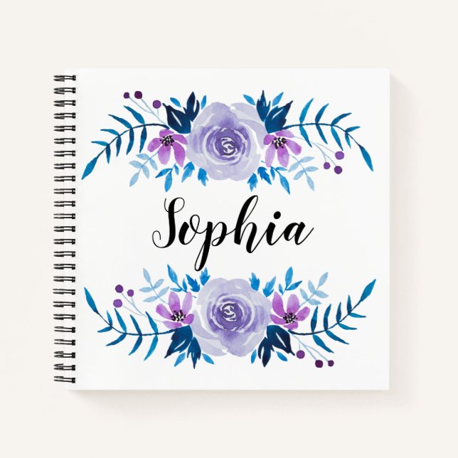 Watercolor Blue Purple Floral Wreath Custom Text Notebook (Front)