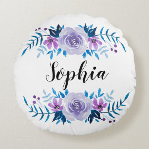 Watercolor Blue Purple Floral Wreath Custom Text Round Cushion