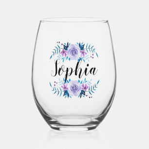 Watercolor Blue Purple Floral Wreath Custom Text Stemless Wine Glass