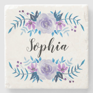 Watercolor Blue Purple Floral Wreath Custom Text Stone Coaster
