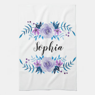 Watercolor Blue Purple Floral Wreath Custom Text Tea Towel