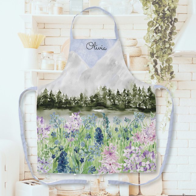 Watercolor Blue Purple Flower Meadow on Mountain Apron (In situ kitchen)
