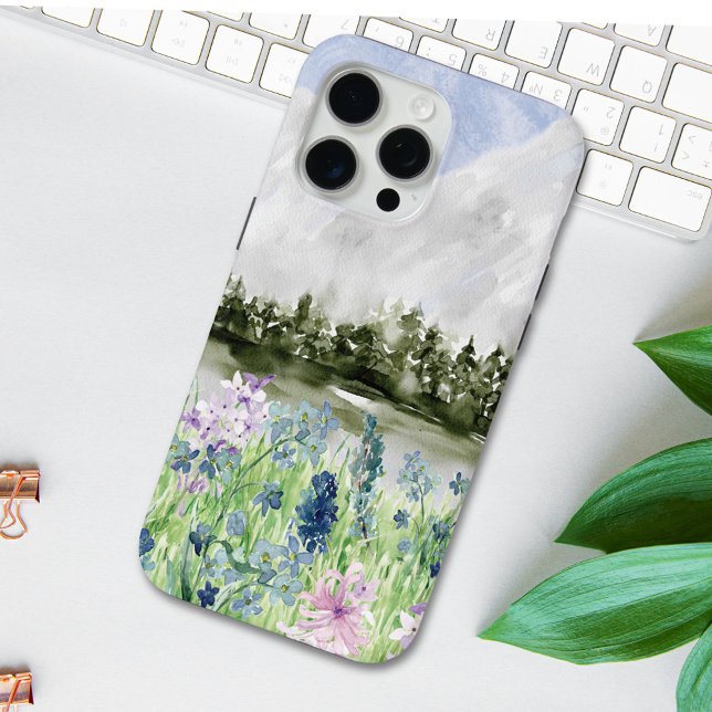 Watercolor Blue Purple Flower Meadow on Mountain Case-Mate iPhone Case (In situ on table)