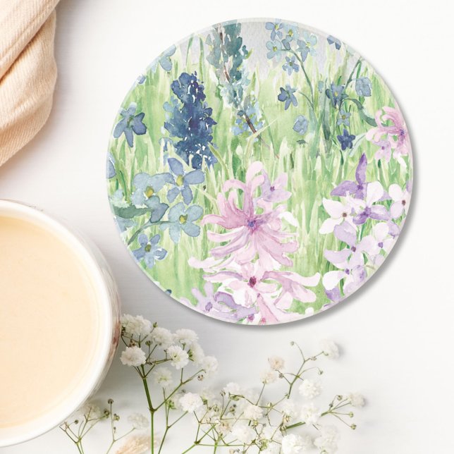 Watercolor Blue Purple Flower Meadow on Mountain Coaster (In situ on table)