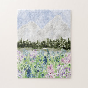 Watercolor Blue Purple Flower Meadow on Mountain Jigsaw Puzzle