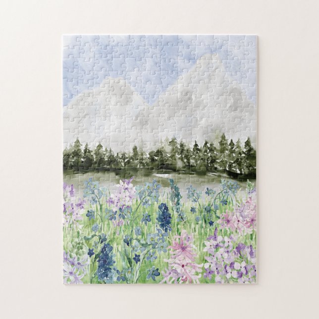 Watercolor Blue Purple Flower Meadow on Mountain Jigsaw Puzzle (Vertical)
