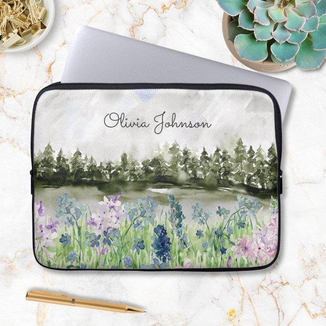 Watercolor Blue Purple Flower Meadow on Mountain Laptop Sleeve (In situ office desk)
